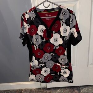 Red and Black Floral Women's Scrub Top